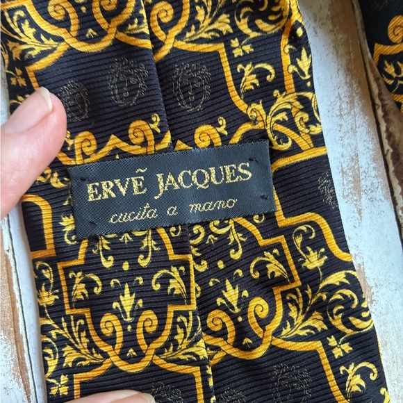 ERVE JACQUES men’s vintage baroque floral ornate silk tie black yellow gold EUC - Picture 5 of 8